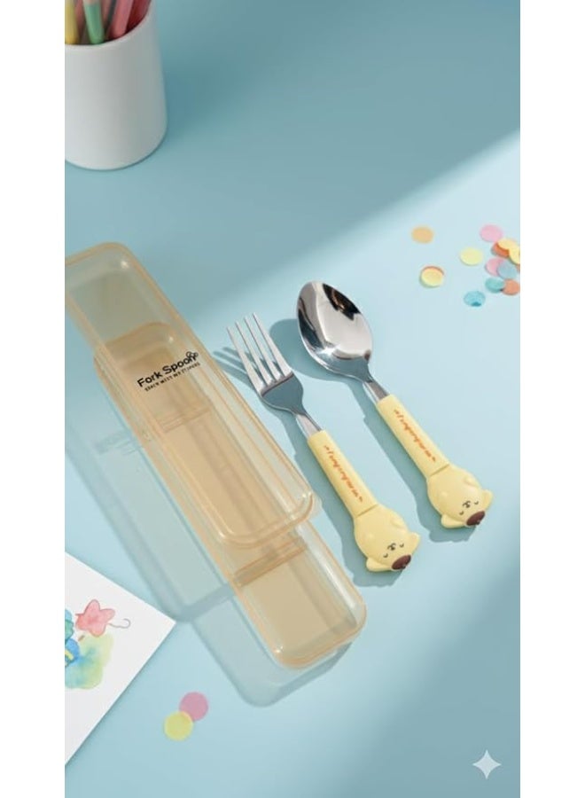 Happy Hugs Stainless Steel Fork and Spoon Cutlery Set with Case, Yellow color Dog Character Design, 2-Piece portable set - Image 5